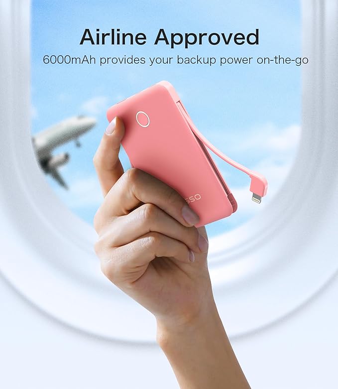 6000mah Ultra Slim Built in Cables Power Bank, Card Size Built in USB C Cords Battery Pack Portable Charger for Phones, 3 Output External Battery Pack Compatible with iPhone, Samsung, Light Pink