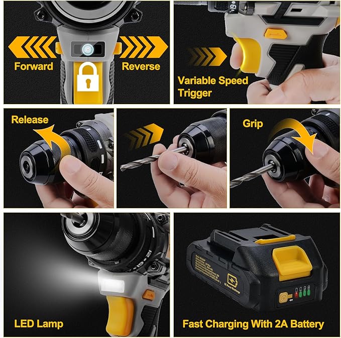 20V Brushless Drill Set, Cordless Power Drill with 2.0Ah Battery,119 PCS Combo Tool Kit for Men, 10mm 3/8" Keyless Chuck, 21+1 Torque Setting Power Tool Set for DIY Garden House Office Repair