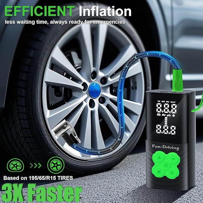 FUN-DRIVING Portable Air Compressor Tire Inflator Air Pump for Car Tires with Tire Digital Pressure Gauge 150PSI 16000mAh for Car, Bike, Motorcycle, Ball