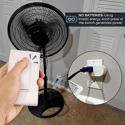 RunLessWire Wall Plug Bluetooth Battery-Free Wireless Light Switch Kit 30ft BLE Range Self-Powered by Kinetic Energy for Easy Control of Outlets: 1 Remote Switch Controls 1 Plug-in Receiver - White