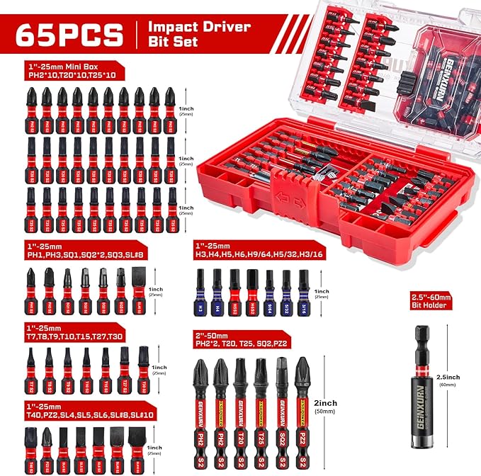 65Pieces Impact Screwdriver Bits Set, Magnetic S2 Steel Phillips/Slotted/Square/Torx Insert Power Bits Tips, Impact Bit Holder with Red Storage Box Case