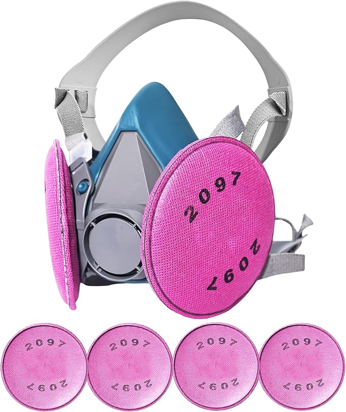 Reusable Painting Respirator Mask with 4 Pieces 2097 Filters - Half Face Gas Mask for Chemicals Spray Welding Epoxy Resin Dust Woodworking 6200 Blue