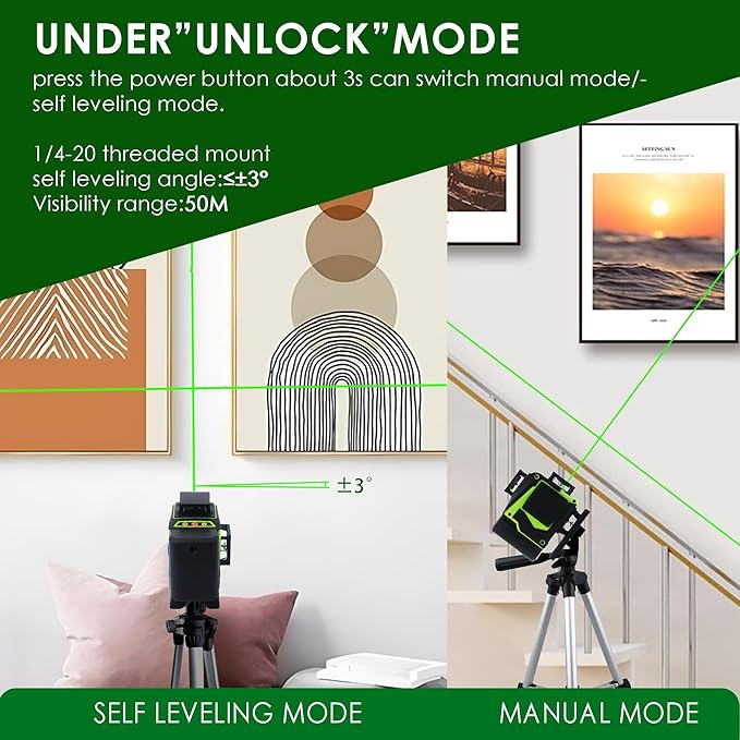 Laser Level 360 Self Leveling,4x360° 16 Lines 4D Green Cross Line Laser with 2 Batteries, Adjustable Brightness & Remote Control for Construction, Tiling, and Picture Hanging