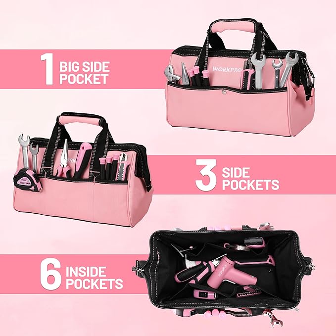 WORKPRO 13-Inch Tool Bag, Pink Soft Cloth Tool Storage Bags, Wide Mouth Tool Tote Bag with Inside Pockets - Pink Ribbon