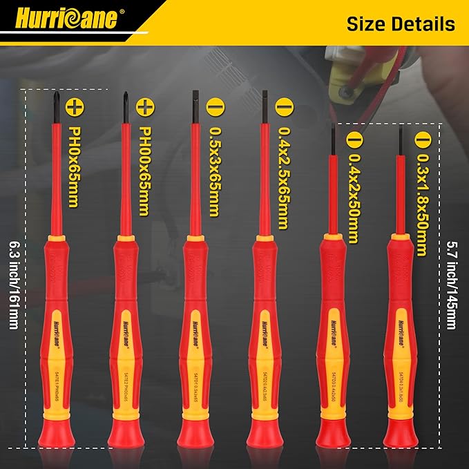 HURRICANE 1000V Precision Insulated Screwdriver Set, 6 Piece Insulated Electrician Screwdriver Set with Magnetic Tips for Electrical Repairs. Slotted(1.8mm, 2.0mm, 2.5mm, 3.0mm), Phillips(PH00, PH0)