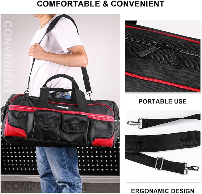 HAUTMEC 24 Inch Large Tool Bag, Heavy Duty 1680D Wide Mouth Tool Box Organizer, 36-Pockets Portable Utility Bag for Men with Level Holder and Removable Shoulder Strap, HT0284-TB