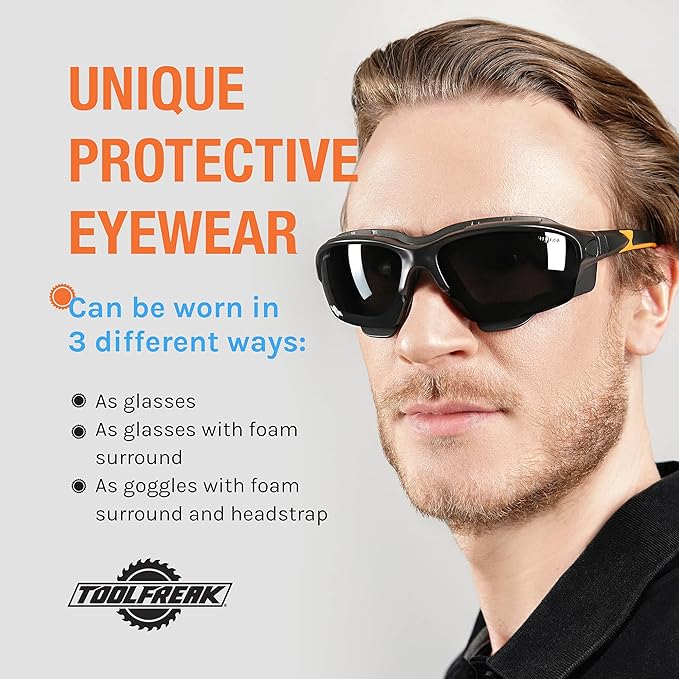 ToolFreak Spoggles - Tinted Lens With Pouch - Safety Glasses & Protective Goggles - Polycarbonate Lens, ANSI Z87 Rated & UV Protection - Foam Padded, Removable Legs, Headstrap & Pouch