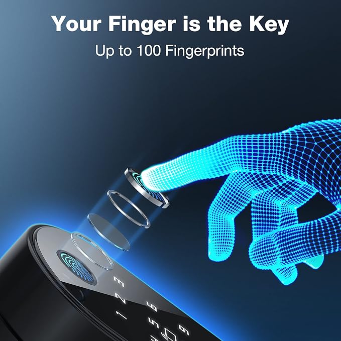 GEONFINO Smart Door Lock 6-in-1 Fingerprint Door Lock with Anti-Peeping, Black Keyless Door Lock with Biometric Handle for Home