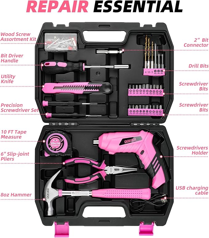 DOWELL 116Pcs Pink Tool Kit with 3.6V USB Cordless Screwdriver, Small Drill Set for Women, Girls