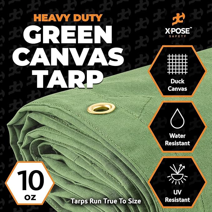 Xpose Safety Canvas Tarp - 10oz Green Canvas Tarps Heavy Duty Water Resistant with Brass Grommets- Multipurpose Outdoor Tarpaulin for Camping, Canopy, Trailer, Equipment Cover 5' x 7' (2 Pack)