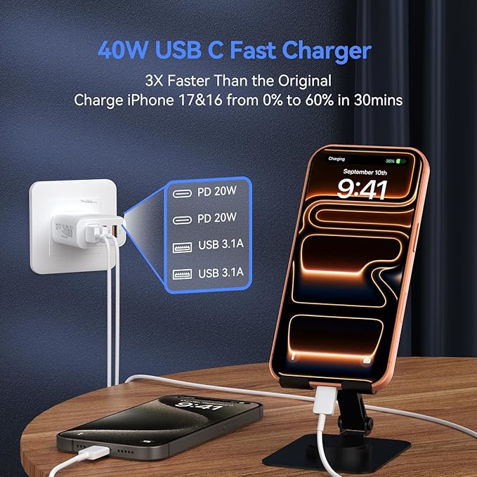 USB C Wall Fast Charger Block, 40W 4-Port Type C Charger Fast Charging Blocks PD Power Charger Adapter+QC 3.0 USB Multiport Charger Brick for iPhone 17/16/15/14/13/12 Pro Max, iPad, Galaxy S25-2Pack