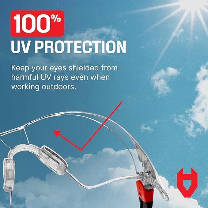 NoCry Safety Glasses with Clear Anti Fog Scratch Resistant Wrap-Around Lenses and No-Slip Grips, UV Protection. Adjustable, Black & Red Frames (10 pack)