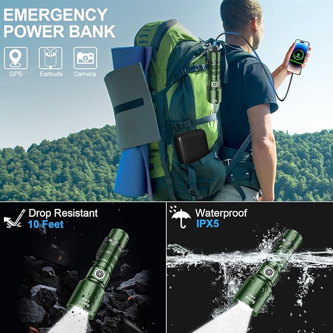 Flashlights High Lumens Rechargeable, Super Bright Long Range Small Powerful Flashlight, 6 Modes LED Tactical Pocket Waterproof Flash Light for Home Emergency (2, Green)