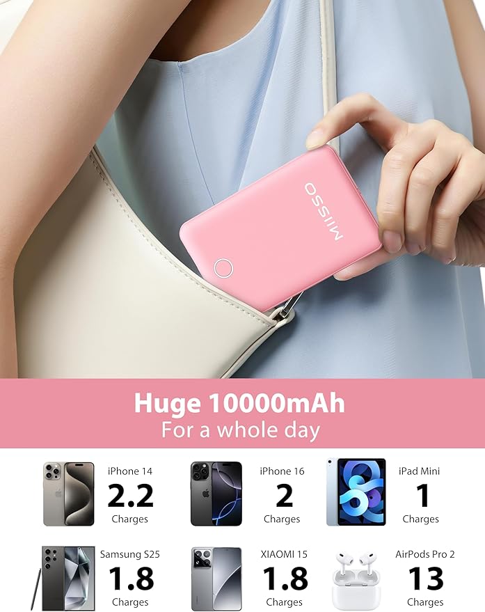 miisso 10000mAh Slim Portable Charger with Built in Cable, Power Bank Travel Charger External Battery Pack for Phone, 3 Output USB Type C Cord Clutch Charger Compatible with iPhone, Pink