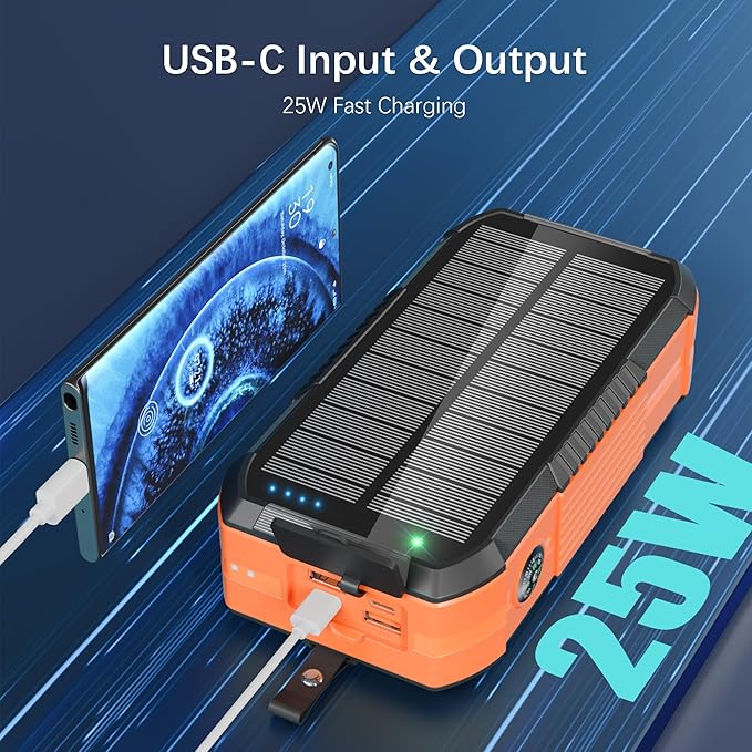 Solar Charger Wireless Power Bank 73200mAh Built in 2 Cables and Hand Crank, Portable Charger 22.5W Fast Charger 6 Outputs & 4 Inputs External Battery Pack with Bright Flashlight and Compass