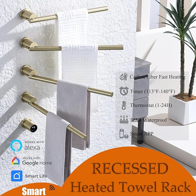 Electric Towel Warmer Concealed Smart, 75W Swivel Heated Towel Rack for Bathroom, Built-in Modular Electric Towel Rack with Timer, Thermostat, LED Display, APP, 4 Bar 180° Rotation, Hardwired, Gold