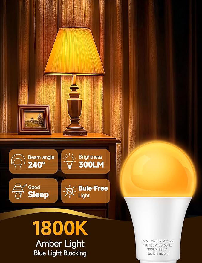 Sleep Light Bulb, 3W Amber Light Bulbs, 1800K Warm Light Bulbs, Blue Light Blocking Dim Bulbs, E26 A19 Mood Soothing Light for Bedroom and Baby Kid Nursery, 2 Pack