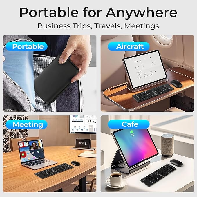 Foldable Keyboard and Mouse, 2.4G Wireless+Dual Bluetooth5.0 Folding Keyboard & Mouse Combos for Business and Travel, USB-C Rechargeable Portable Keyboard Mouse for iPads, Phones, Tablets-Black