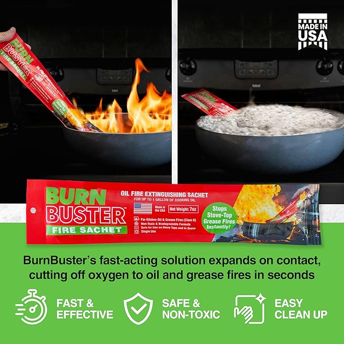 2-Pack BurnBuster Battery Fire Sachet for Oil & Grease Fires for Home and Outdoor Use - Fire Suppressant for Kitchens, Stove-Top and Oven Suitable - Non-Toxic 7 oz. Sachet, Made in USA
