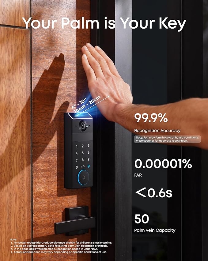 eufy FamiLock S3 Smart Lock With Palm Vein Recognition - Keyless Entry Door Lock for Front Door, 3-in-1 Wi-Fi Keypad Deadbolt+ 2K HDR Camera+ Doorbell, ANSI/BHMA Grade 1, Motion Sensor, No Monthly Fee
