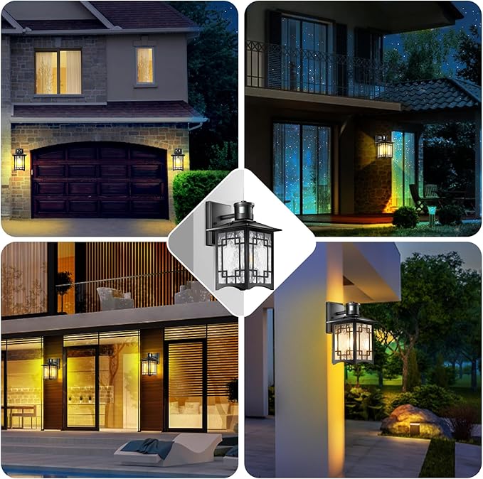 2 Pack Motion Sensor Outdoor Wall Lights, Dusk to Dawn Lighting, Led Exterior Light Fixture, Aluminum Lantern for Front Porch, Waterproof Black Outdoor Wall Sconce for House Garage Patio