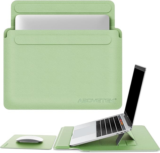 AboveTEK Laptop Sleeve Case for 13-14 inch MacBook Air/Pro, Slim Laptop Case with Stand, Ergonomic Wrist Rest & Mouse Pad, Waterproof Anti-Scratch Leather Bag for 13-14 Surface HP (Sage Green)