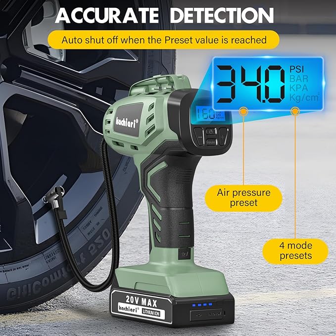 Tire Inflator Portable Air Compressor, 20V Cordless Car Tire Pump, Rechargeable Battery Powered Air Compressor w/12V DC Adapter Green