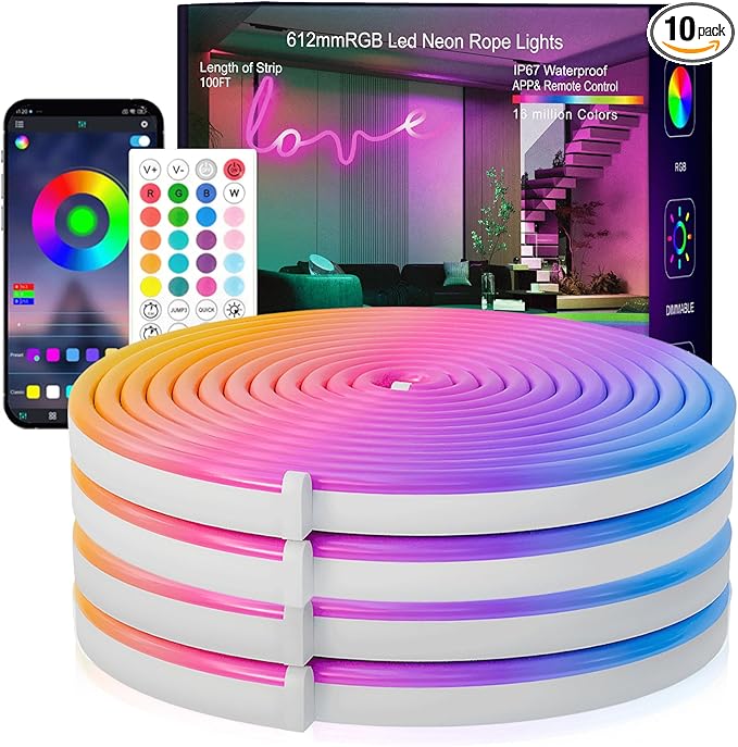 Neon Rope Lights,100FT RGB Led Strip Lights, Waterproof IP67, DIY Design, Music Sync, 44 Keys Remote Control, Multiple Modes, for Living Room, Bedroom, Holiday Decoration