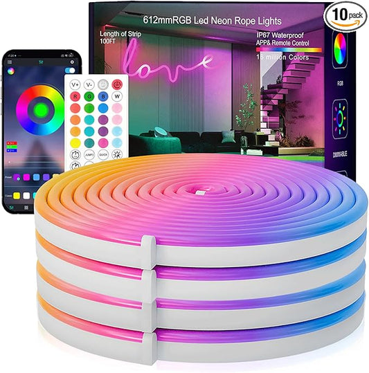Neon Rope Lights,100FT RGB Led Strip Lights, Waterproof IP67, DIY Design, Music Sync, 44 Keys Remote Control, Multiple Modes, for Living Room, Bedroom, Holiday Decoration