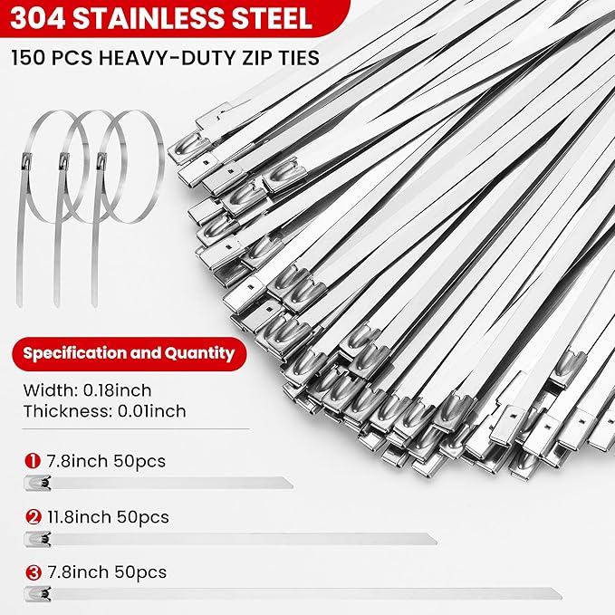 Stainless Steel Cable Tie Gun Set – Heavy Duty Metal Zip Tie Tool Kit - 150PCS Self-Locking Ties, Adjustable Fastening & Cutting Tool for Outdoor Fencing, Automotive, Exhaust Pipes (Red)