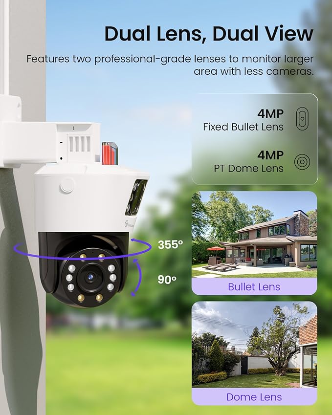 Dual-Lens 4K PoE Security Camera System, 4pcs Pan/Tilt CCTV Wired PoE IP Camera Outdoor Indoor, AI Person/Vehicle, Spotlight Siren, Color Night Vision, 8CH 8MP NVR with 2TB HDD