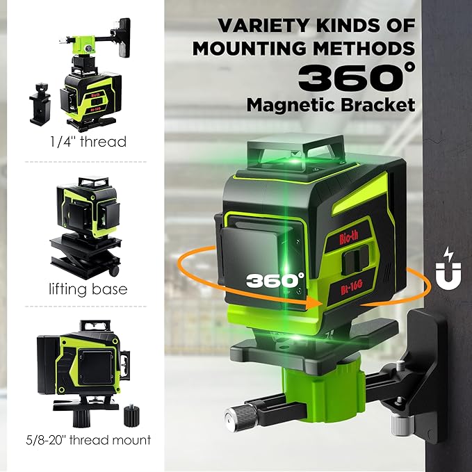 Laser Level 360 Self Leveling Kit, 4D 4x360° Green Cross Line Vertical and Horizontal Line Lazer Leveler, Laser Level Tool for Picture Hanging Construction, Batteries, Magnetic Stand, Carrying Bag