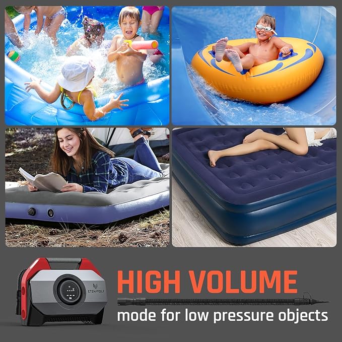 ETENWOLF VORTEX S6 Tire Inflator Portable Air Compressor for Heavy-duty Vehicle, Cordless Air Pump for Car & Inflatables with 19200 mAh Battery, 100% Duty Cycle & Dual Cylinder Bike Pump, Red