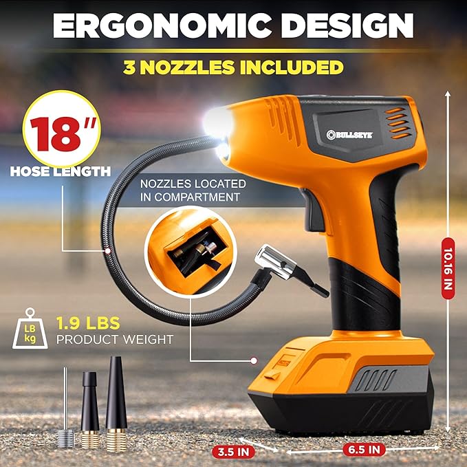 EMSON Bullseye Pro ASON TV Digital Tire Inflator Automatic 150 PSI w/Gauge Display Screen & Pre-set Pressure in KPA,PSI,BAR,Kg/cm,Built-in LED Lights,Rechargeable,Air Compressor,Car Tire Pump,Orange