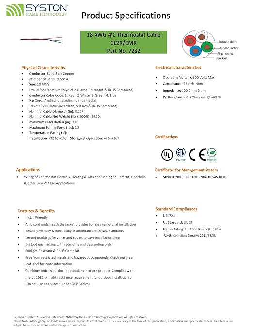 Syston 18/4 Thermostat Doorbell HVAC Heating Control Cable Wire, 100% Solid Copper Conductors CL3R/FT4/CMR Riser-Rated UL/ETL Listed, UV Resistant RoHS for Indoor/Outdoor Low Voltage Applications Use