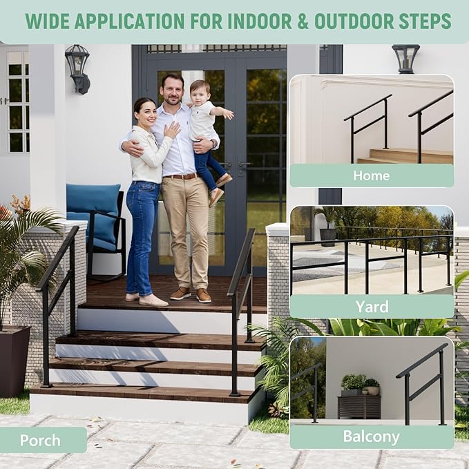 2 Pack Hand Rails for Outdoor Steps,2-3 Step Railing for Stairs,Adjustable Porch Railing,Hand Rails for Seniors,Outdoor Deck Handrails for Exterior Steps,Black