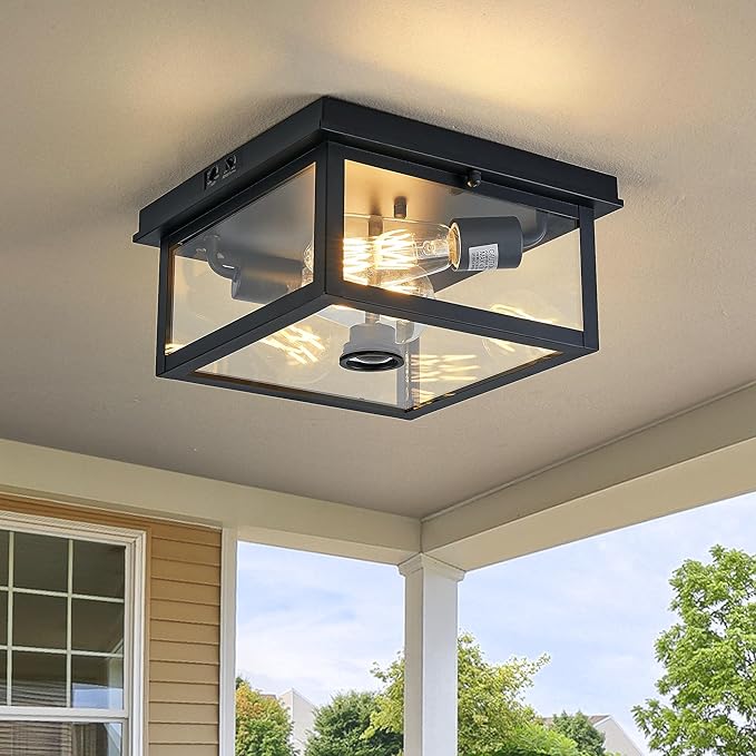 Adjustable Motion Sensor Ceiling Light Fixture Outdoor Modern Design of Squares Flush Mount 2-Light Textured Black with Clear Glass for Your Porch,Garage,Patio,Hallway,Front and Back Yards