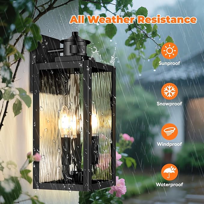 Large Motion Sensor Outdoor Wall Light, Black Exterior Wall Sconce Light Fixtures with Water-Rippled Glass, Waterproof Modern Outside Wall Lantern for House, Porch, Patio, Garage, Bulbs Not Included