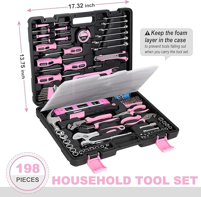 FASTPRO 198-Piece Pink Tool Set, Household Repairing Tool Set with Toolbox, SAE Mechanics Hand Tool Kit for DIY, Home Maintenance