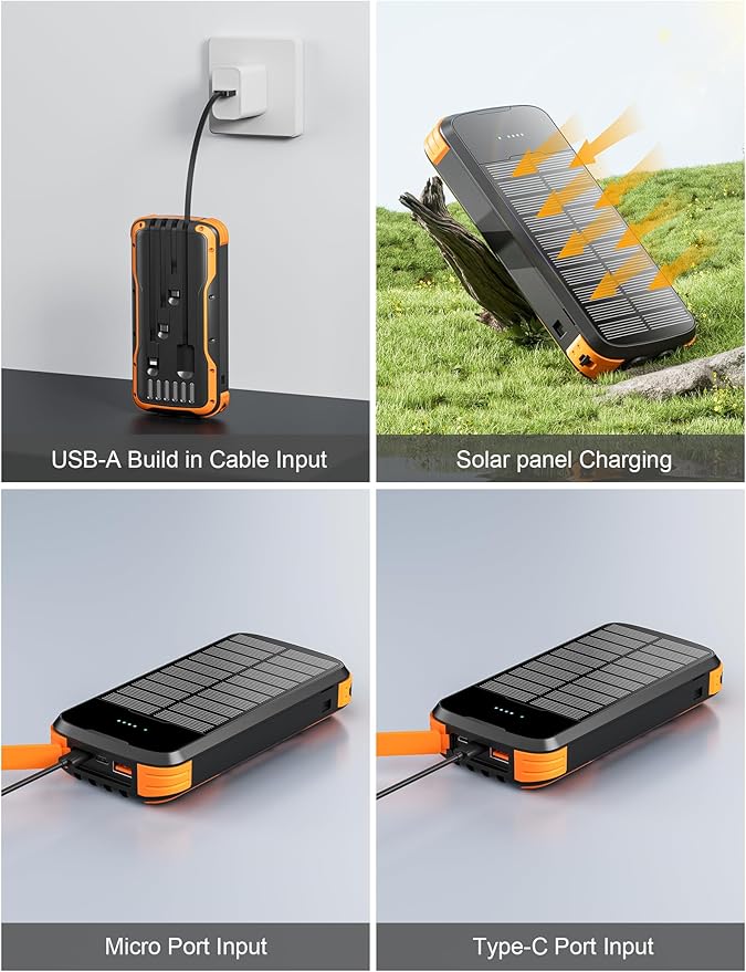 Solar Charger Power Bank, 40000mAh Portable Phone Charger Built in 4 Cables with USB C in/Output, PD 20W Fast Charging Portable Charger, External Battery Pack with Dual Bright Flashlights