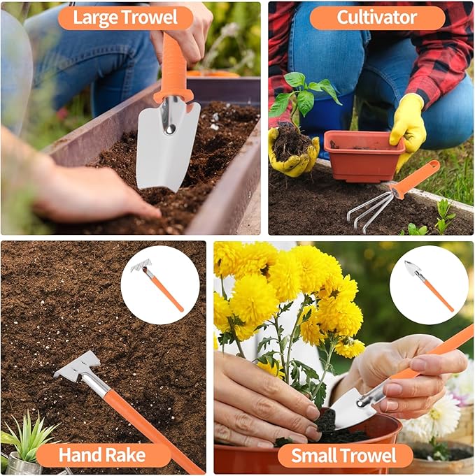 Gardening Tool Set, 11 Pieces Gardening Tools with Carrying Case, Garden Tool Kit for Digging Planting Pruning, Unique Gardening Set with Gloves for Women and Men (Orange)