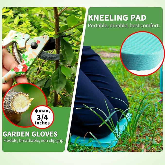Garden Tools Set, JUMPHIGH 10 PCS Heavy Duty Gardening Tools Includes Hand Trowel Rake Weeder Pruner, Gardening Gifts for Women, Garden Kit with Tote Bag, Apron, Gloves, Kneeling Pad
