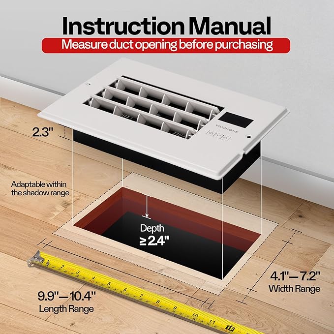 VIVOHOME 6'' x 10'' Opening Register Booster Fan with Adjustable Wind Direction Louver, Smart Intelligent Thermostat & 10-Speed Remote Control - 11.6" x 7.5" Vent Cover for Room, Floor, Wall - White