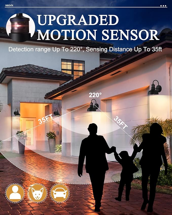 7“ Motion Sensor Outdoor Lights, Outdoor Light Fixture Dusk to Dawn with E26 Base Socket, IP65 Waterproof Outside Wall Light for Barn, Balcony, Entrance, Front Door, Porch, 2210SBK(G)-1