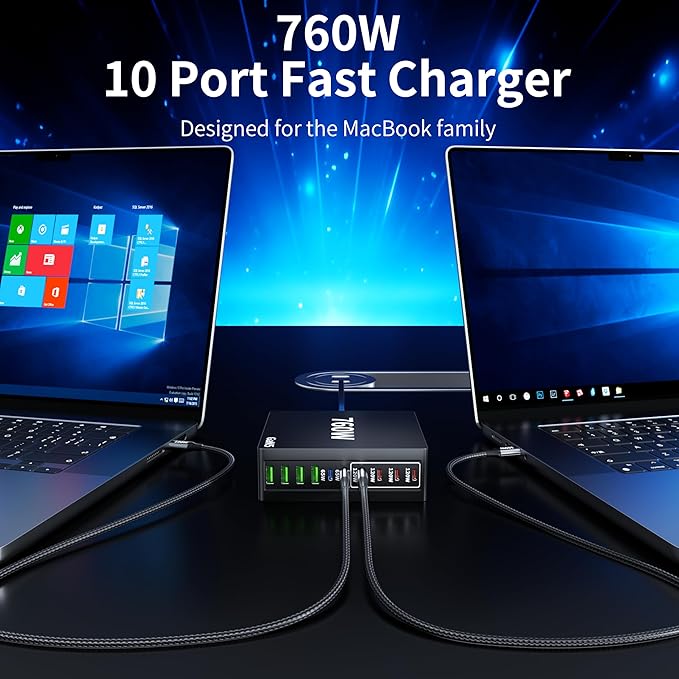 760W USB C Charger Block, 10 Port Fast Charging Station Hub Brick PD 100W MacBook Charger Compatible with iPhone 16 15/14/13/Pro DELL HP MacBook Pro/Air/All iPad Max/Samsung Galaxy Note