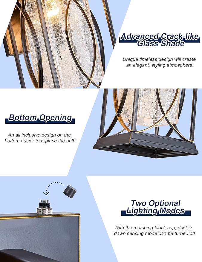 Dusk to Dawn Outdoor Wall Light Black with Gold Trim Modern Exterior Sconce Aluminum Waterproof Coach Light Fixture with Crack-Like Glass Outside Wall Lantern for House Garage Porch Lighting