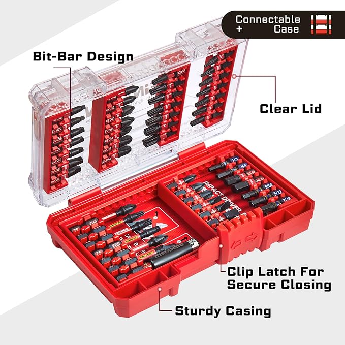 49Pieces Impact Screwdriver Bits Set, Magnetic S2 Steel Phillips/Slotted/Square/Torx Insert Power Bits Tips, Impact Bit Holder with Red Storage Box Case