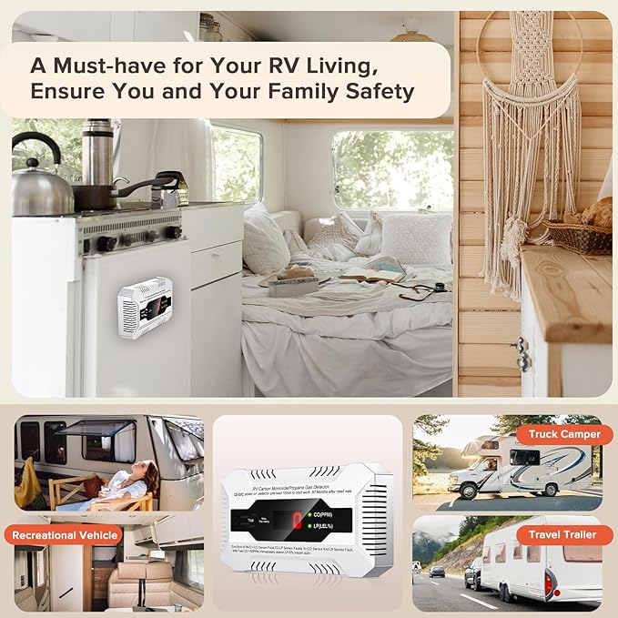 Nuleto RV Carbon Monoxide & Propane Gas Detector, 2 in 1 Dual CO/LP Gas Alarm with Separate LED Indicator Light, DC 12V with Bracket for Motorhome Travel Trailer, Motor Coach, Truck Camper, White