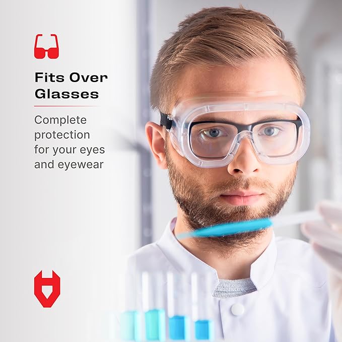 NoCry Protective Non-Vented Safety Lab Goggles with Anti-Fog Coating, Clear Scratch-Resistant Lenses, Universal OTG Fit, an Adjustable Headband, ANSI Z87.1 Rating, and UV Protection