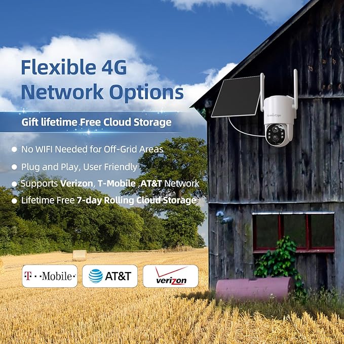 4G LTE Cellular Security Camera, No Wifi Security Camera, 2.5K Solar Camera Outdoor Wireless, 360° Live View, Spotlight Color Night Vision, Motion&Siren Alert, SD/Cloud Storage (SIM Card Included)